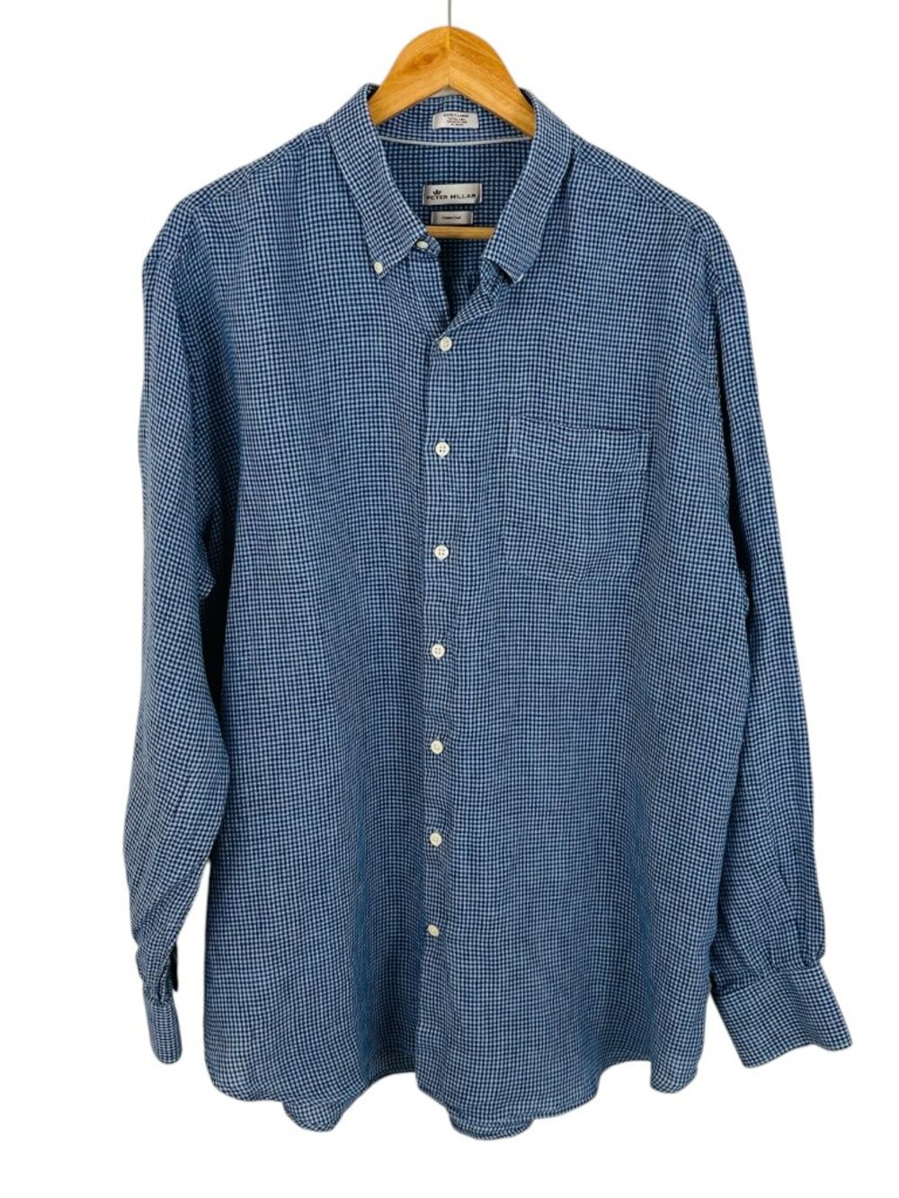 Peter Millar Crown Cool Men's Size XL Check Linen Long Sleeve Blue Shirt